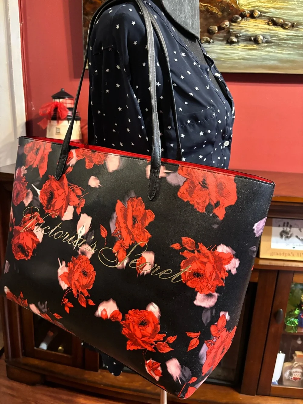 Victoria's Secret Black Tote, Overnight bag with Red Floral Print.🌹